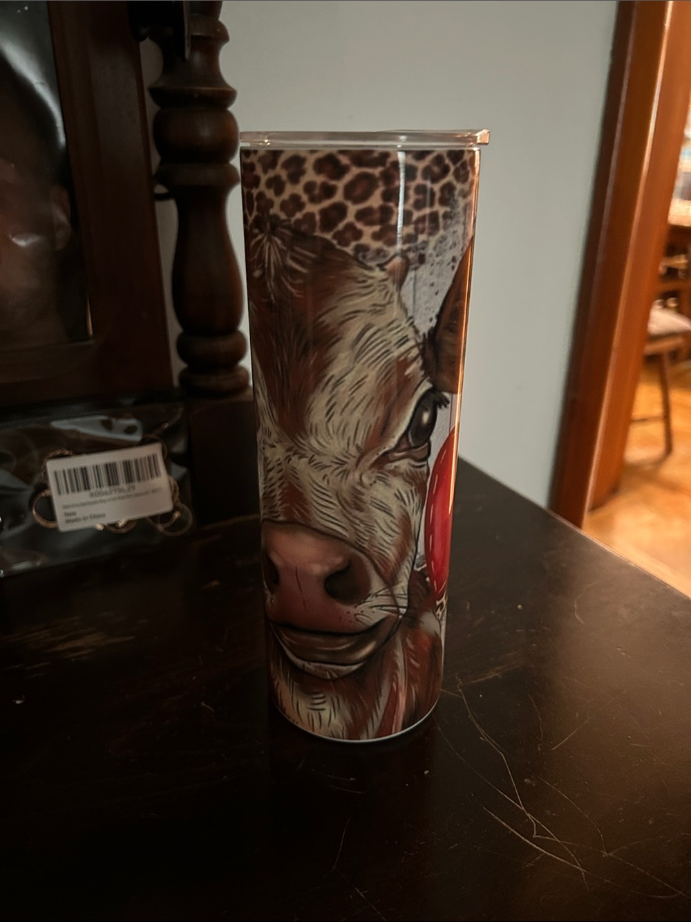 Cow Face Art Printed Skinny Tumbler - Brown & Red